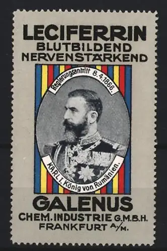 Reklamemarke Frankfurt, Galenus Chem. Industrie, Kräftigungspräparat Leciferrin, König Karl I. von Rumänien
