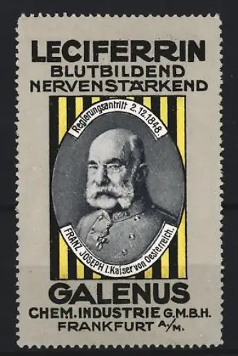 Reklamemarke Frankfurt, Galenus Chem. Industrie, Kräftigungspräparat Leciferrin, Franz Joseph I. von Österreich