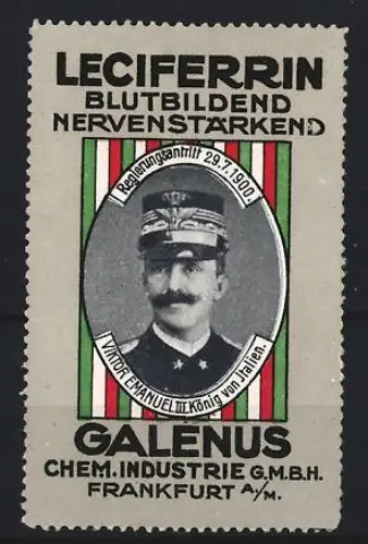 Reklamemarke Frankfurt, Galenus Chem. Industrie, Kräftigungspräparat Leciferrin, Viktor Emanuel III