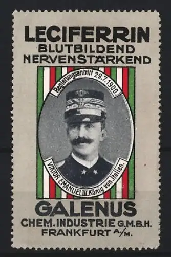 Reklamemarke Frankfurt, Galenus Chem. Industrie, Kräftigungspräparat Leciferrin, König Viktor Emanuel III