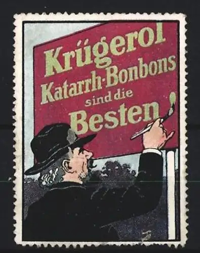 Reklamemarke Krügerol, Bonbons, Katarrh-Bonbons, Maler mit Pinsel