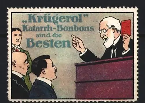 Reklamemarke Krügerol, Bonbons, Katarrh-Bonbons, Vortragender mit rotem Buch