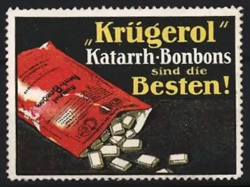 Reklamemarke Krügerol, Bonbons, Katarrh-Bonbons, Bonbontüte geöffnet