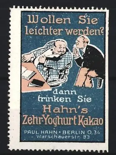 Reklamemarke Berlin, Paul Hahn, Kakao, Yoghurt Milch-Kakao, Mann auf Waage
