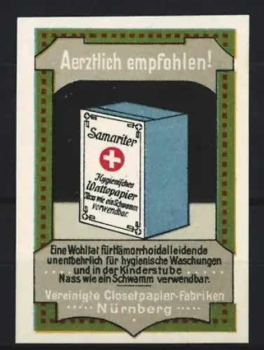Reklamemarke Nürnberg, Vereinigte Closettpapier-Fabriken, Samariter, Hygienisches Wattepapier, Verpackung