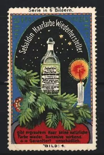 Reklamemarke Sebaldin, Haarfarbe Wiederhersteller, Flasche mit Pflanze und Kerzenlicht