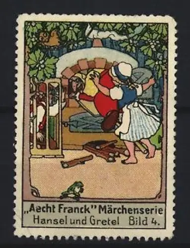 Reklamemarke Aecht Franck, Kaffeefabrik, Märchenserie Hansel und Gretel, Hexenhaus Szene