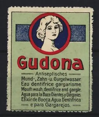 Reklamemarke Gudona, Antiseptisches Mundwasser, Frauengesicht