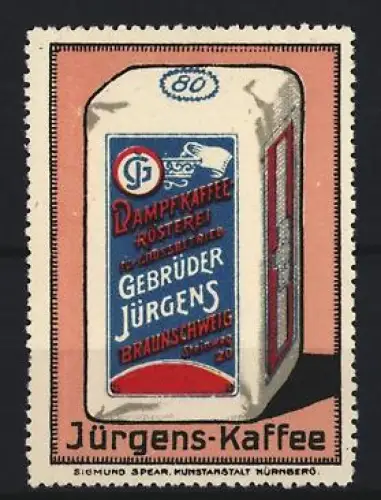 Reklamemarke Braunschweig, Gebrüder Jürgens, Kaffeefabrik, Kaffeeverpackung