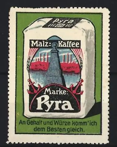 Reklamemarke Pyra, Malz-Kaffee, Leuchtturm und Anker auf Kaffeepackung