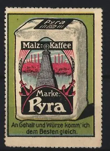 Reklamemarke Pyra, Malz-Kaffee, Obelisk und Anker-Symbole auf Kaffeepackung