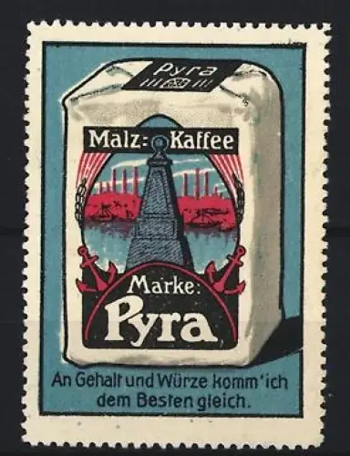 Reklamemarke Pyra, Malz-Kaffee, Packung mit Ankern und Schiffsmotiv