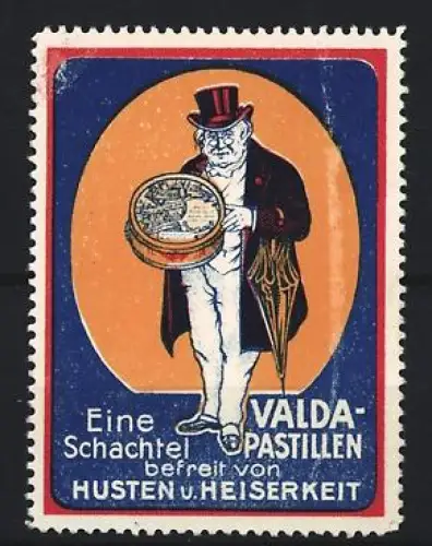 Reklamemarke Valda, Hustenbonbons, Gentleman mit Zylinder und Schirm