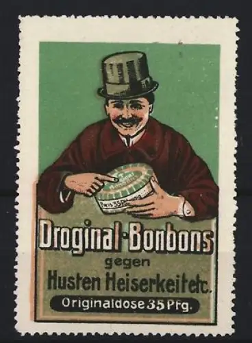 Reklamemarke Hustenbonbons, Mann mit Zylinder und Bonbondose