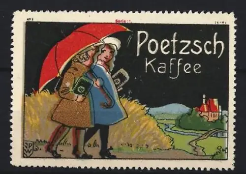 Reklamemarke Poetzsch, Kaffeefabrik, Spaziergänger mit Regenschirm, Landschaft mit Schloss