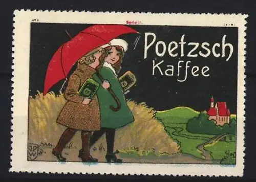 Reklamemarke Poetzsch, Kaffeefabrik, Spaziergänger mit rotem Regenschirm