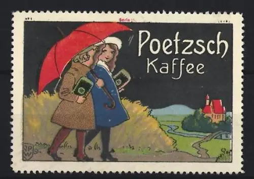 Reklamemarke Poetzsch, Kaffeefabrik, Spaziergänger mit rotem Regenschirm