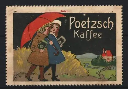 Reklamemarke Poetzsch, Kaffeefabrik, Spaziergang mit Schirm, Regenschirm