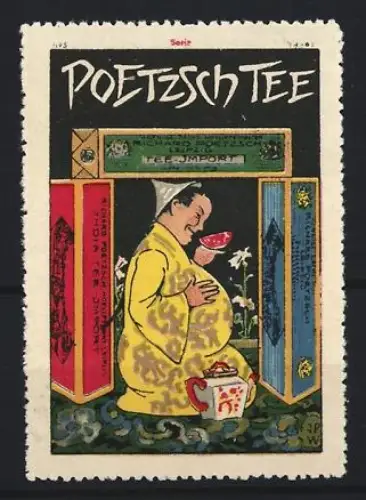 Reklamemarke Poetzsch, Teefabrik, Teetrinker mit Tasse