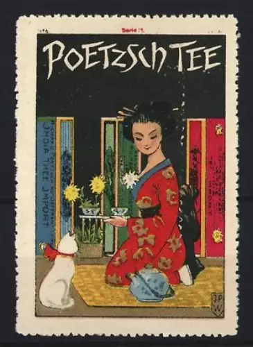 Reklamemarke Poetzsch, Teefabrik, Frau im Kimono mit Teekanne und Katze