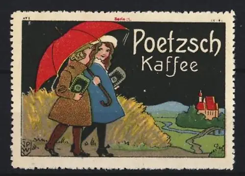 Reklamemarke Poetzsch, Kaffeefabrik, Spaziergängerinnen mit Regenschirm