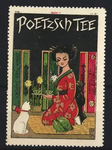 Reklamemarke Poetzsch, Teefabrik, Japanische Teezeremonie, Frau im Kimono und Katze