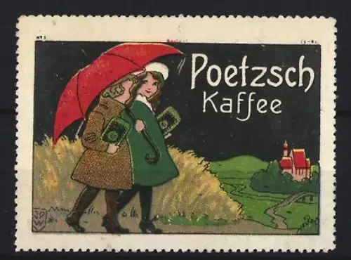 Reklamemarke Poetzsch, Kaffeefabrik, Spaziergang mit rotem Regenschirm