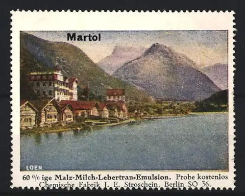 Reklamemarke Berlin, Chem. Fabrik J.E. Stroschein, Martol, Kräftigungspräparat, Lebertran, Berglandschaft