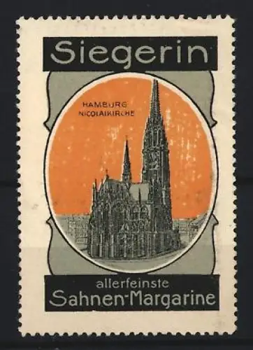 Reklamemarke Hamburg, Margarinefabrik, Sahne-Margarine Marke Siegerin, Nicolai-Kirche