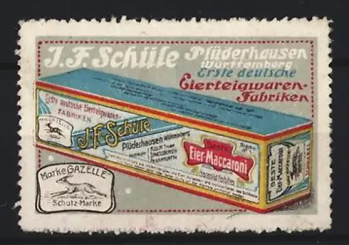 Reklamemarke Plüderhausen, J.F. Schüle, Nudeln, Eier-Maccaroni, Verpackung