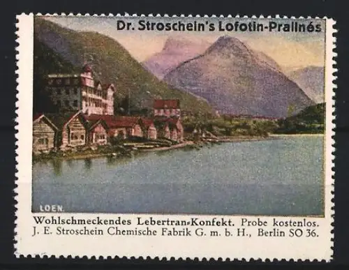 Reklamemarke Berlin, Chem. Fabrik J.E. Stroschein, Lofotin-Praline, Kräftigungspräparat, Lebertran, Landschaft mit Fjord