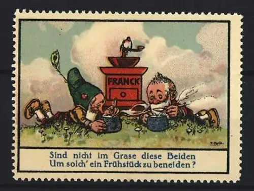 Reklamemarke Aecht Franck, Kaffeefabrik, Gnome beim Frühstück im Gras neben einer Kaffeemühle