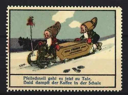 Reklamemarke Aecht Franck, Kaffeefabrik, Zwerge auf Schlitten mit Kaffeekiste