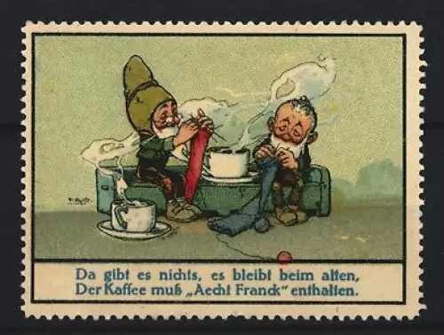 Reklamemarke Aecht Franck, Kaffeefabrik, Zwei strickende Zwerge
