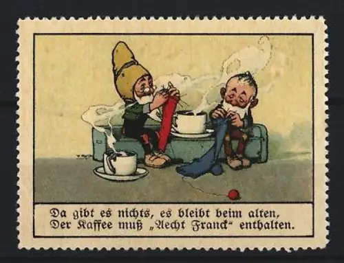 Reklamemarke Aecht Franck, Kaffeefabrik, Zwei Figuren mit Kaffee und Strickzeug