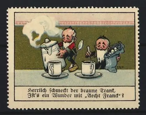Reklamemarke Aecht Franck, Kaffeefabrik, Kaffeezubereitung mit Zwergen