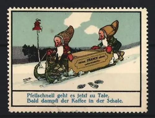 Reklamemarke Aecht Franck, Kaffeefabrik, Zwerge auf Schlittenfahrt