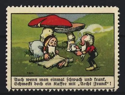 Reklamemarke Aecht Franck, Kaffeefabrik, Pilze und Figuren