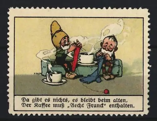 Reklamemarke Aecht Franck, Kaffeefabrik, Zwerge beim Stricken