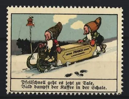 Reklamemarke Aecht Franck, Kaffeefabrik, Schlitten mit Zwergen