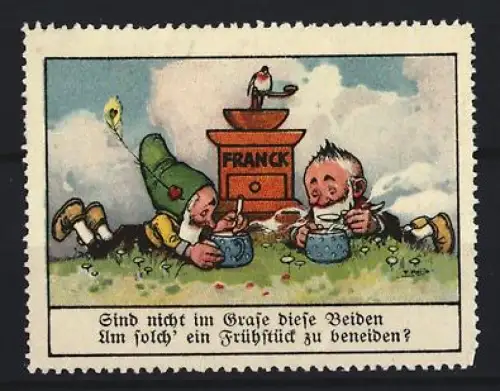 Reklamemarke Aecht Franck, Kaffeefabrik, Zwerge beim Frühstück mit Kaffeemühle