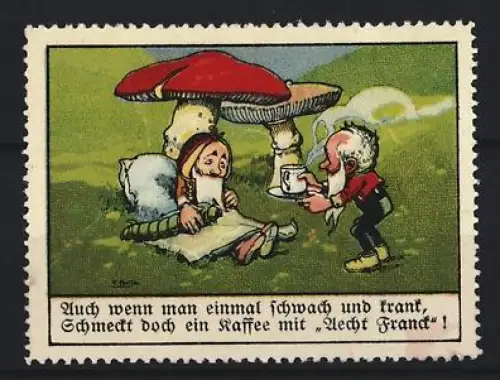 Reklamemarke Aecht Franck, Kaffeefabrik, Pilze und Elfenfigur