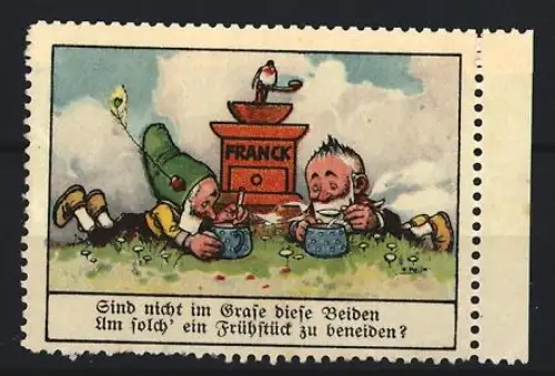 Reklamemarke Aecht Franck, Kaffeefabrik, Zwerge und Franck-Kaffeegrinder