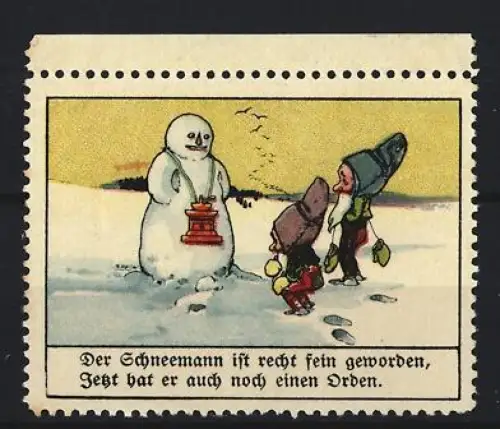 Reklamemarke Aecht Franck, Kaffeefabrik, Zwerge und Schneemann im Schnee