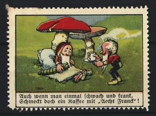 Reklamemarke Aecht Franck, Kaffeefabrik, Zwerge und Kaffeetasse