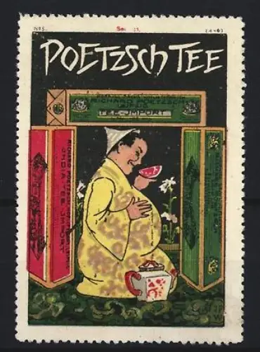 Reklamemarke Poettsch, Teefabrik, Mann mit Schale und Teekanne