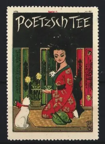 Reklamemarke Poetzsch, Teefabrik, Frau mit Katze und Blumenarrangement