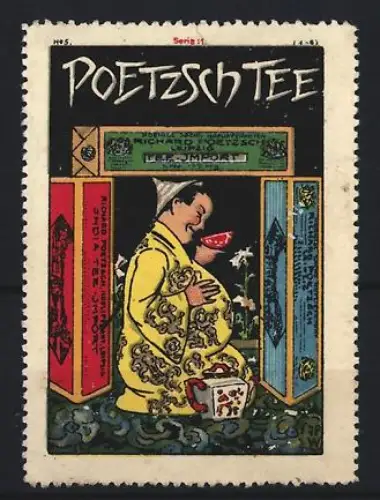 Reklamemarke Poetzsch, Teefabrik, Mann mit Teetasse zwischen Packungen