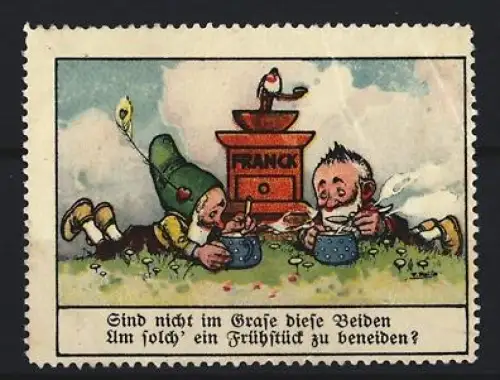Reklamemarke Aecht Franck, Kaffeefabrik, Zwerge beim Frühstück im Gras