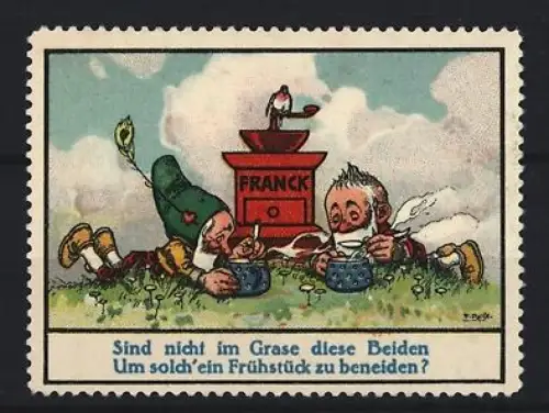 Reklamemarke Aecht Franck, Kaffeefabrik, Zwerge beim Frühstück